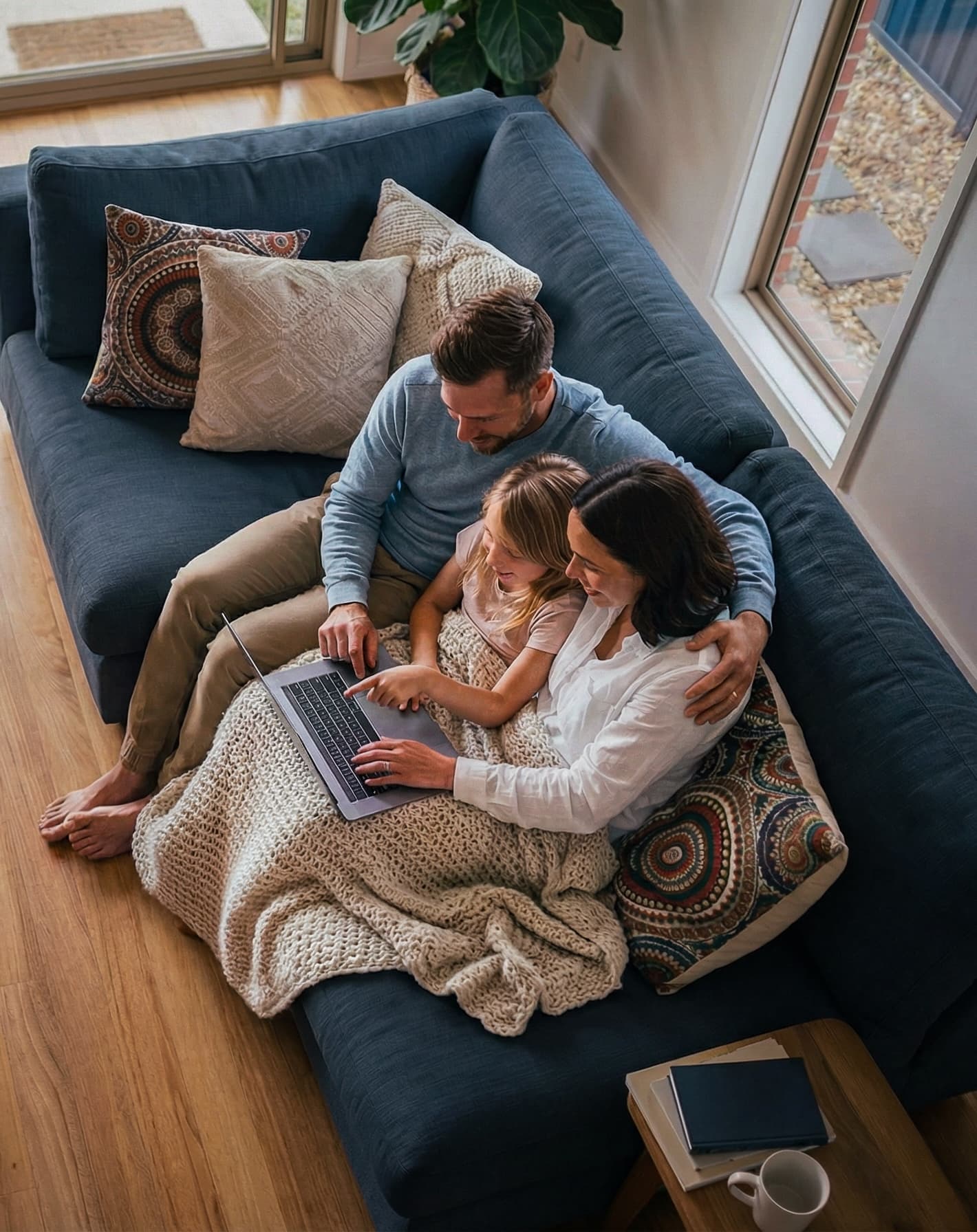 Beautiful home with a family sitting on a couch using a laptop